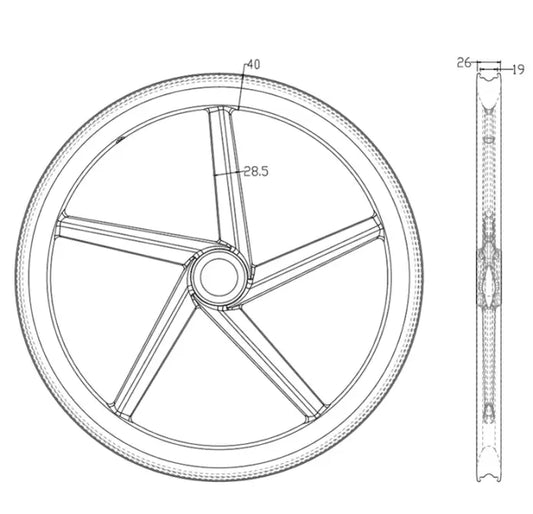 Five-spoke 451 rear carbon wheelset, 26mm internal width, tubeless, 650g, for junior cyclists