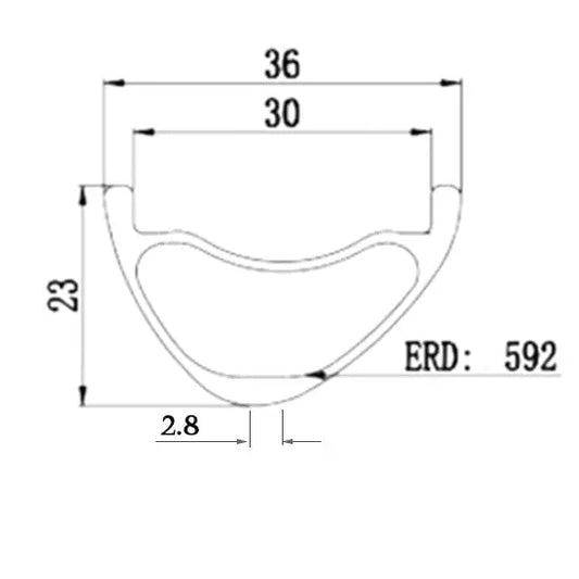 Asymmetric Carbon 29er MTB Rim diagram showing dimensions: 23mm height, 30mm inner width, and 592mm ERD.