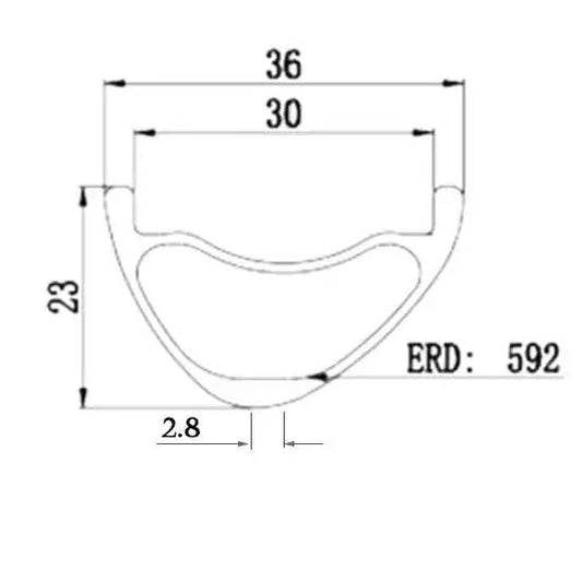 Asymmetric Carbon 29er MTB Rim diagram showing dimensions: 23mm height, 30mm inner width, and 592mm ERD.