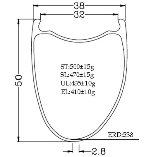 Bola 700C 50mm Carbon Tubeless Road Rim diagram showing dimensions: 38mm outer width, 32mm inner width, asymmetric profile.