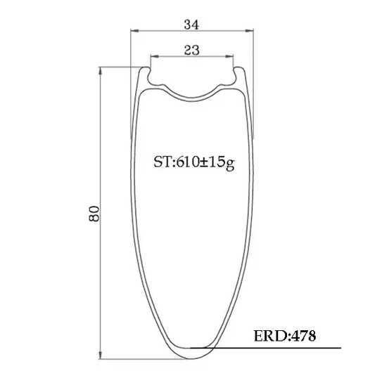 700c Carbon Rim 80mm Deep, 34mm Wide, UV shape for triathlon and Ironman racing, with detailed dimensions and specifications.