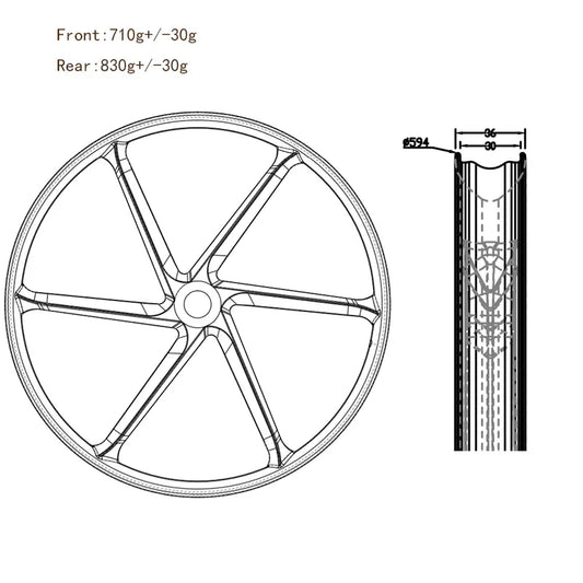 Detail of 650B carbon MTB wheelset, 36mm outer width hookless rim and DT Swiss hub