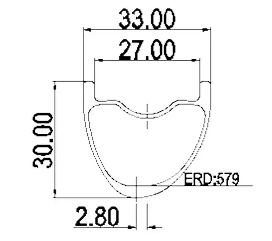 Cross-section of 29er carbon MTB rim showing 30mm height and asymmetric offset