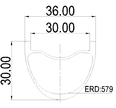 29er carbon MTB rim cross-section, 30mm inner width, U-shaped hookless bead for tubeless setup