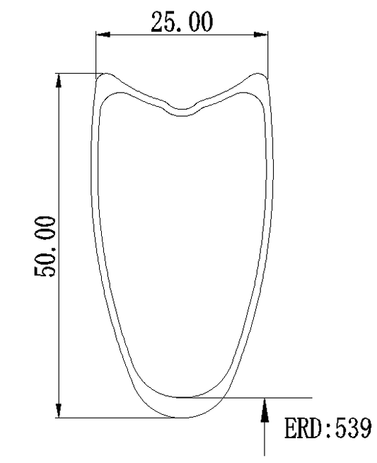 Side view of 50mm deep, 25mm wide carbon tubular rim for 700c road bike builds