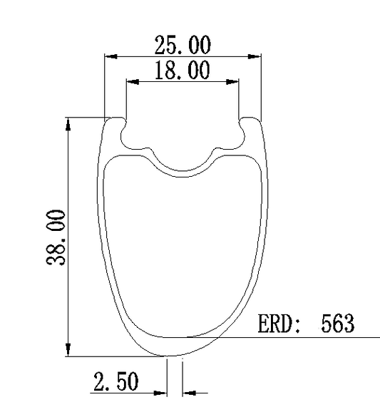 Cross-section of 700c carbon clincher rim showing asymmetric offset and aerodynamic U-profile