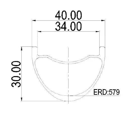 29er carbon MTB rim cross-section showing U-shaped hookless profile and 40mm outer width measurement