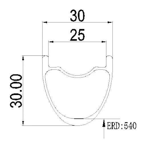 Diagram of 27.5-inch carbon mountain bike rim showing 30mm profile and 25mm internal width