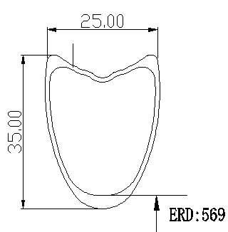 Side view of 700C 35mm tubular carbon rim, aerodynamic U-shape for competitive road cycling