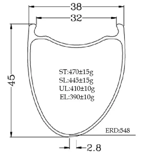 Bola 700C Offset Tubeless Carbon Road Rim diagram showing dimensions: 38mm outer width, 32mm inner width, 45mm profile.