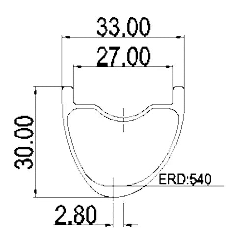 27.5 inch carbon MTB rim technical diagram, showing asymmetric spoke bed and rim cross-section