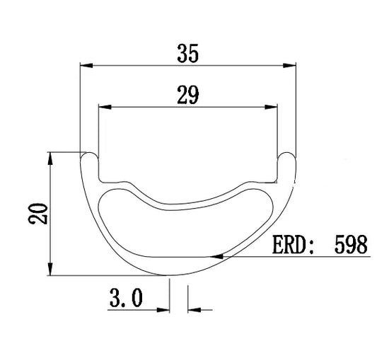 29er Hookless Carbon Tubeless MTB Rim with a 20mm profile, 29mm inner width, and offset design, featuring detailed dimensions