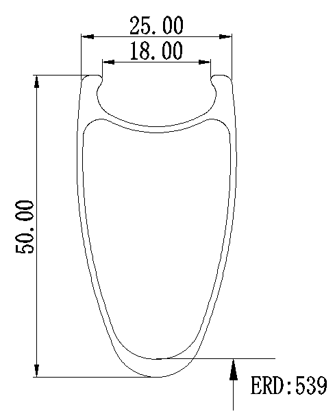 Side profile of 700C 50mm carbon clincher rim, 25mm outer, 18mm inner width