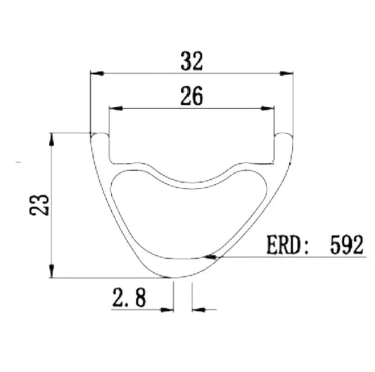 Asymmetric Carbon 29er MTB Rim illustration showing dimensions: 23mm height, 26mm inner width, and 32mm outer width.