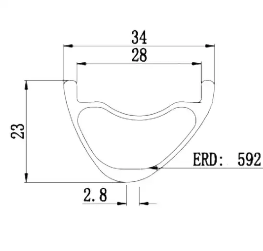 29er Hookless Carbon MTB Rim illustration showing a 23mm profile, 28mm inner width, and dimensions for tubeless setup.