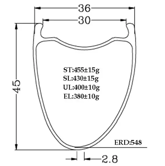 Top view of BOLA 45mm carbon gravel rim showing offset spoke bed, tubeless-ready, 36mm outer, 30mm inner width