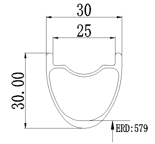 Top view of 29 inch carbon mountain bike rim showing U-shape hookless profile