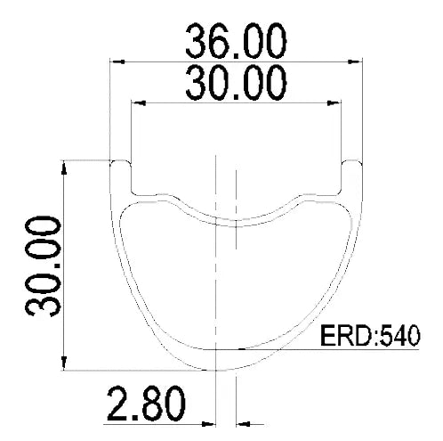 27.5 inch asymmetric carbon MTB rim, 30mm inner width, side profile diagram