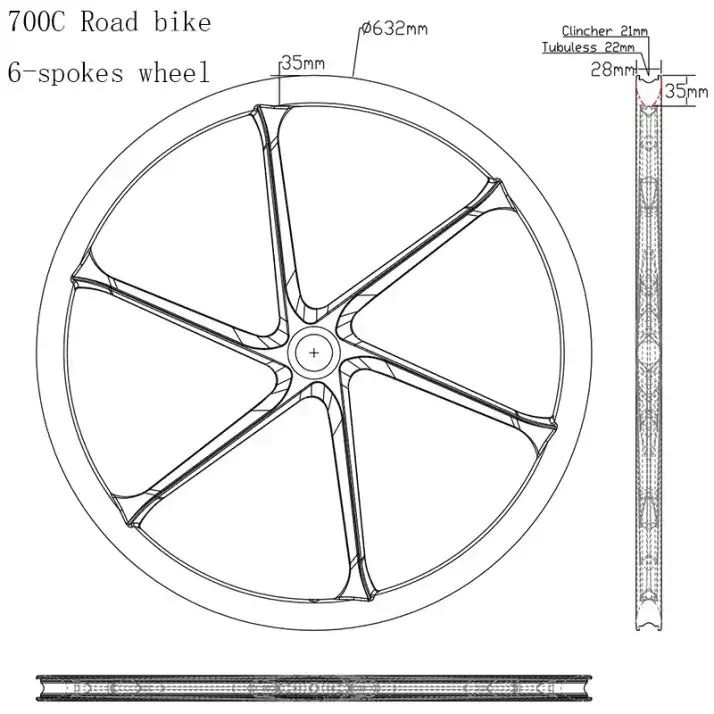 Detail view of six-spoke carbon 700C road wheelset, tubeless ready and compatible with Shimano, SRAM