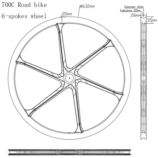 Detail view of six-spoke carbon 700C road wheelset, tubeless ready and compatible with Shimano, SRAM