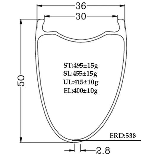 50mm deep carbon fiber rim, asymmetric design, 700C, 36x30mm cross-section for tubeless tires