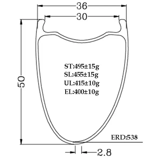 50mm deep carbon fiber rim, asymmetric design, 700C, 36x30mm cross-section for tubeless tires