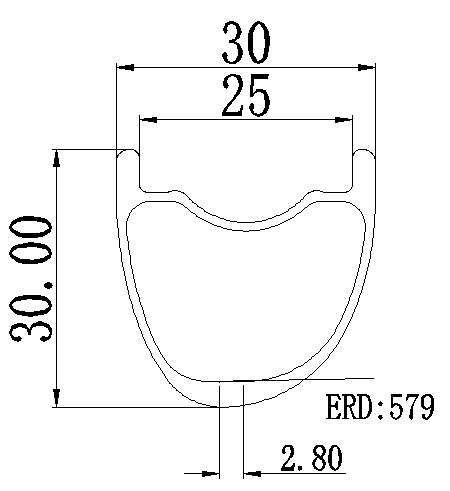 29er carbon MTB rim cross-section showing 30mm asymmetric U-profile and 25mm inner width