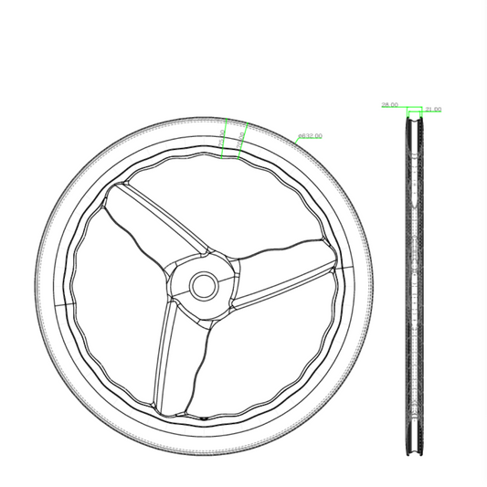 3-spoke carbon wheel 700c for triathlon, close-up showing wave-profile rim and 28mm width