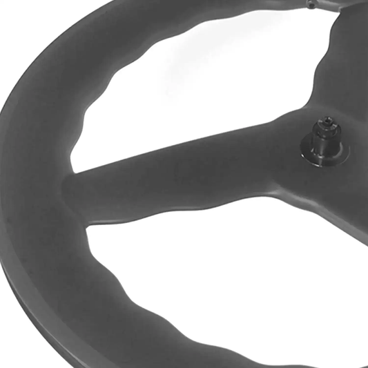Rear 3-spoke carbon wheel for 700c track and TT, showing axle compatibility interface