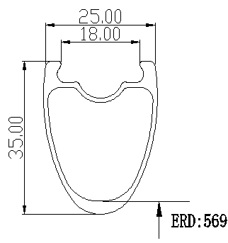 Section diagram of 700C carbon rim, 35mm height, 25mm outer, 18mm inner width