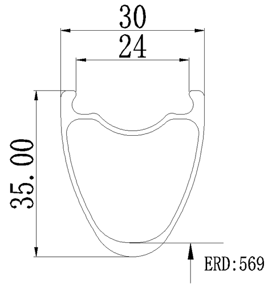 Section view of carbon cyclocross rim, V-profile 35mm height, 30mm width, optimized for disc brakes