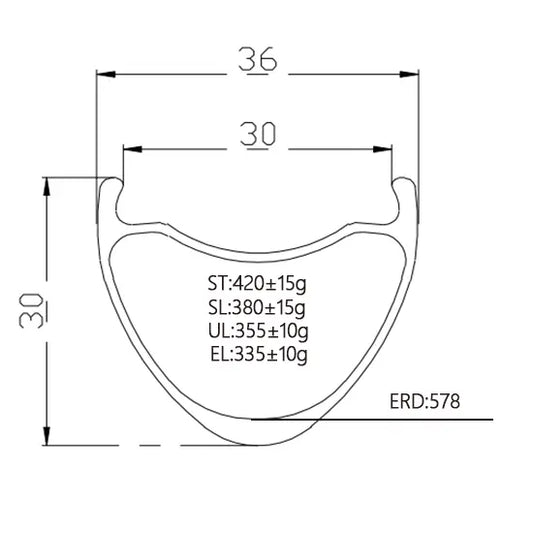Bola 30mm Inner Width Tubeless Ready Carbon Road Rim, 700C, 30mm high, weight range 335–420g, detailed dimensions.