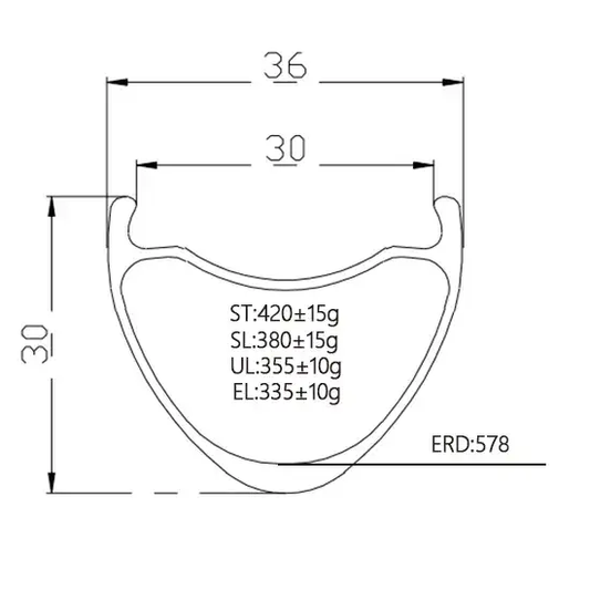 Bola 30mm Inner Width Tubeless Ready Carbon Road Rim, 700C, 30mm high, weight range 335–420g, detailed dimensions.