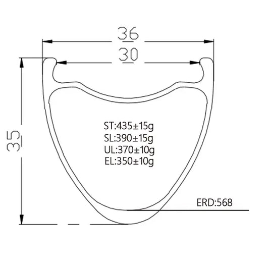 700c Tubeless Carbon Gravel Rim diagram showing dimensions: 30mm inner width, 36mm outer width, 35mm height, and weight optio