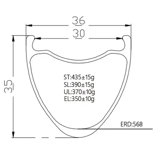 700c Tubeless Carbon Gravel Rim diagram showing dimensions: 30mm inner width, 36mm outer width, 35mm height, and weight optio