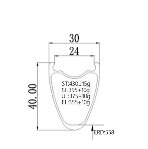 Cross-section of 700c 40mm deep carbon rim, showing V-profile, selectable width, and tubeless bead interface