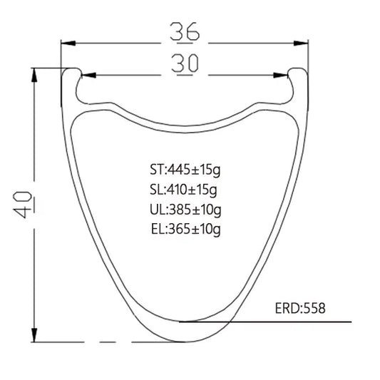 700C 40mm carbon tubeless rim cross-section showing 30mm inner width and spoke hole detail