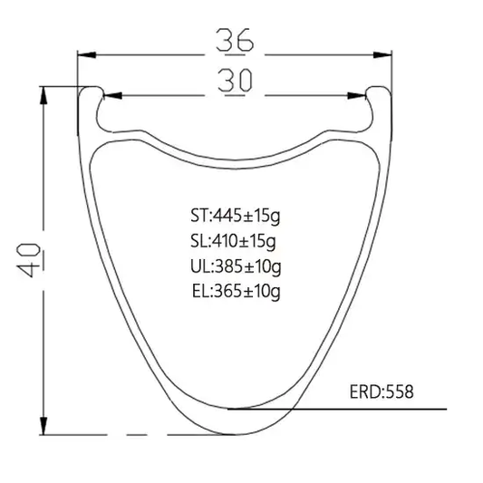 700C 40mm carbon tubeless rim cross-section showing 30mm inner width and spoke hole detail