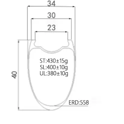 700c 40mm Carbon Road Rim diagram showing dimensions: 30mm or 34mm wide, 23mm inner width, tubeless ready, Bola brand.