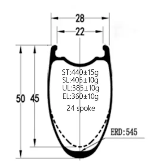 700C Carbon Road Rim with 28mm width, 45mm & 50mm depth, designed for disc brakes and 20/24-spoke configuration.