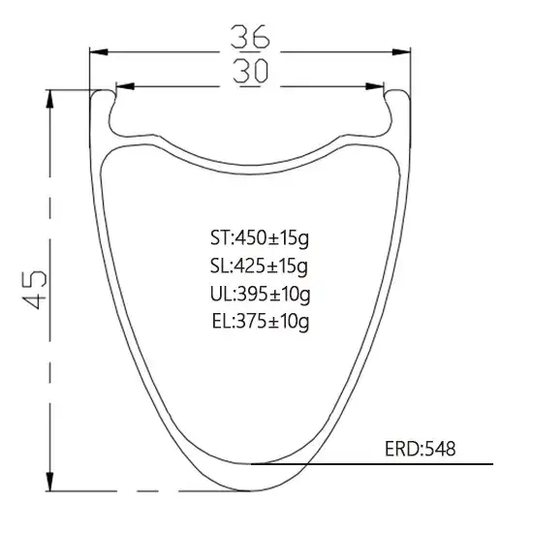 Diagram of a 700c Tubeless Carbon Road Rim with 45mm depth, 36mm outer width, and 30mm inner width specifications.