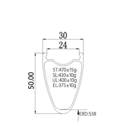 700c Carbon Tubeless Rim 50mm with 30mm width, ultralight design, weight range 375–470g, ideal for road bikes.
