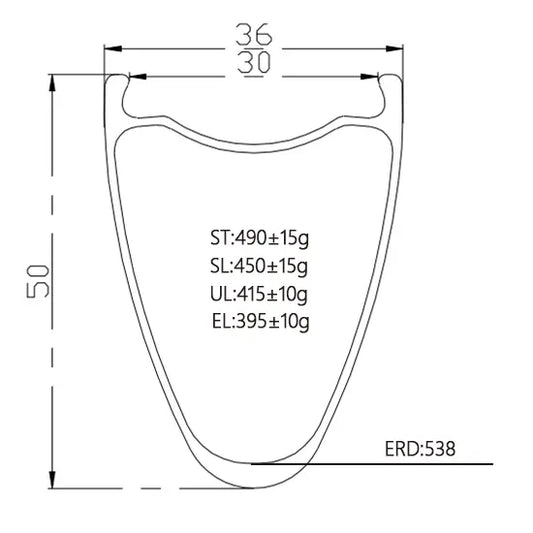 700c Carbon Road Bike Rim with 50mm depth and 36mm width, showcasing detailed dimensions and weight options.