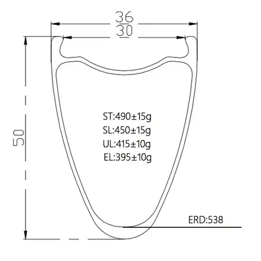 700c Carbon Road Bike Rim with 50mm depth and 36mm width, showcasing detailed dimensions and weight options.