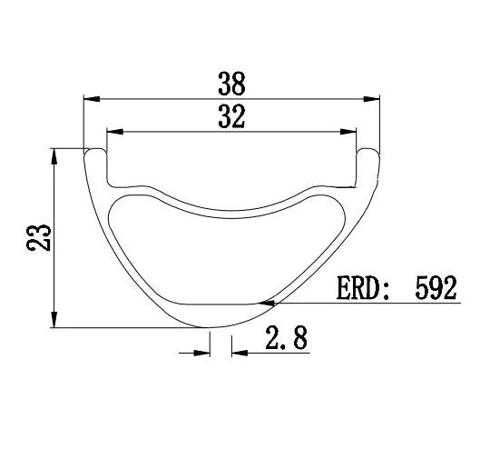 29" Asymmetric Hookless Tubeless Carbon MTB Rim diagram showing dimensions: 23mm profile, 32mm inner width, and ERD 592.