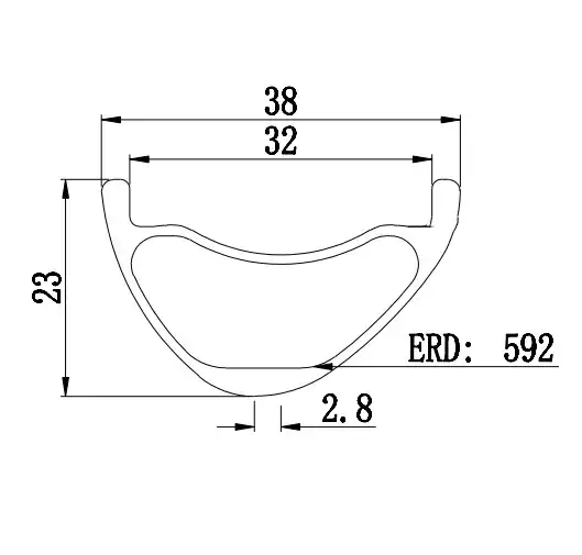 29" Asymmetric Hookless Tubeless Carbon MTB Rim diagram showing dimensions: 23mm profile, 32mm inner width, and ERD 592.
