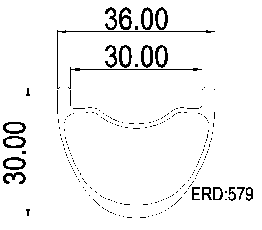 Cross-section diagram of 30mm internal width carbon MTB rim, 36mm external, 30mm deep profile