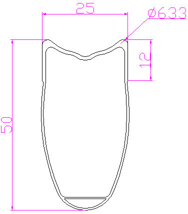 Cross-section diagram of Bola 50mm Tubular Carbon Rim with 25mm width and technical measurements displayed