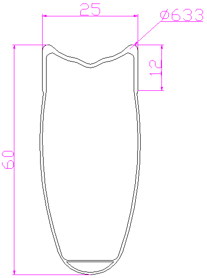 Technical drawing of 700C 60mm tubular carbon rim, showing 25mm outer and 18mm inner width measurements