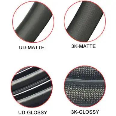 Bola 60mm carbon rim finish options: UD matte, 3K matte, UD glossy, and 3K glossy surface details